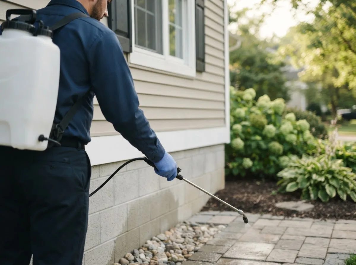 Pest control technician inspecting a home in Fayette, OH